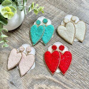 NEW Large Seed Beaded Sparkle Pink Red Black Yellow Valentine's Heart Earrings
